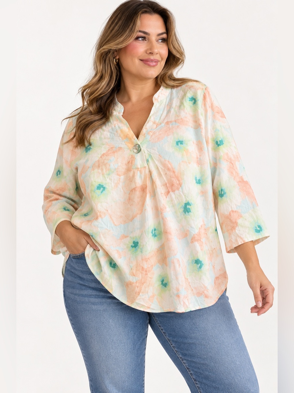 Ruby Rd Woman 1X Linen Blend Floral Tunic Blouse Pastel Plus Size 3/4 Sleeve